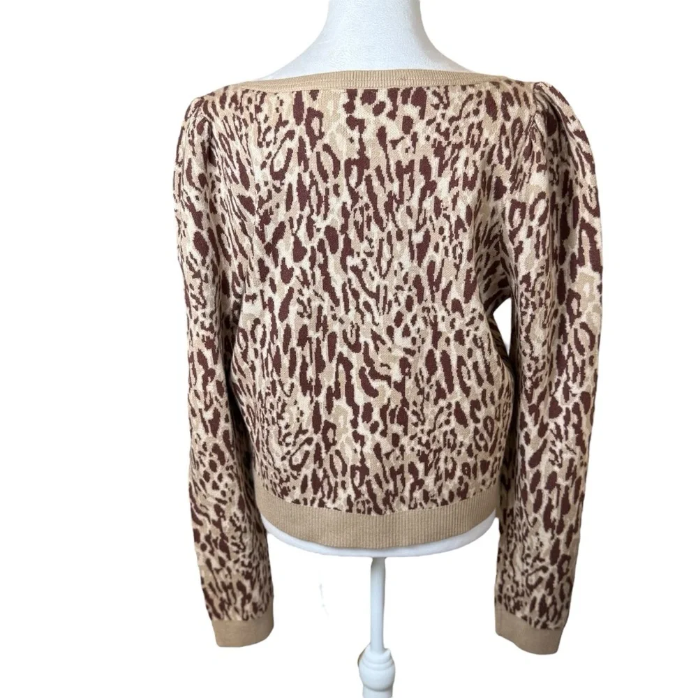 Anthropologie Maeve Knit Leopard Print Sweater XL Puff Sleeve Soft‎ Chic Neutral
